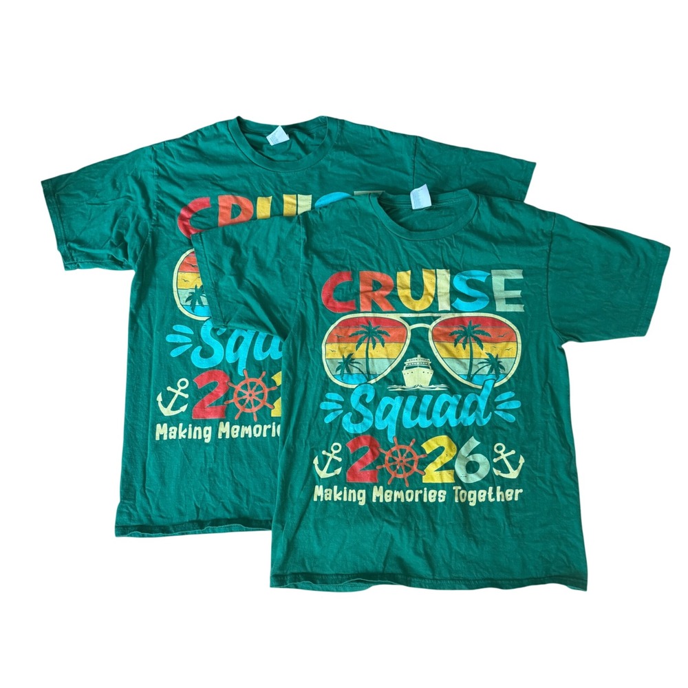 Lot‎ of 2 Cruise Squad 2026 Green Graphic T-Shirt Set Large & Medium Vacation